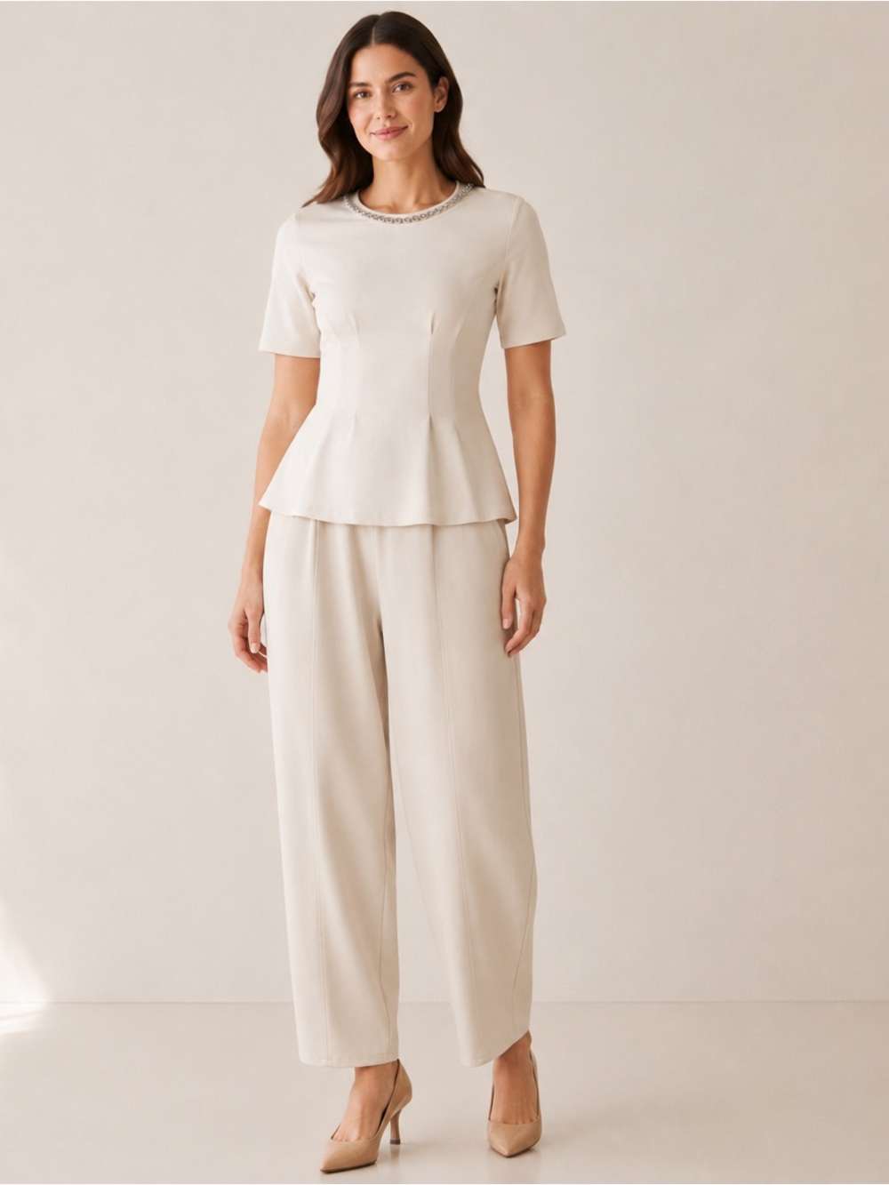 A488. Cream Wide-Leg Classy Pants & Silver Beaded Pleated Top Set